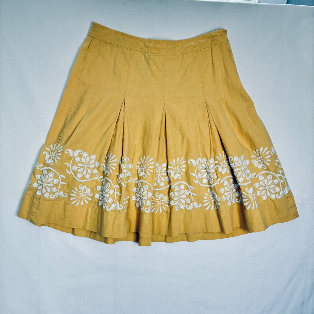 Ann Taylor Embroidered A-Line Skirt Womens 4 Butter Yellow Linen Floral Pleated